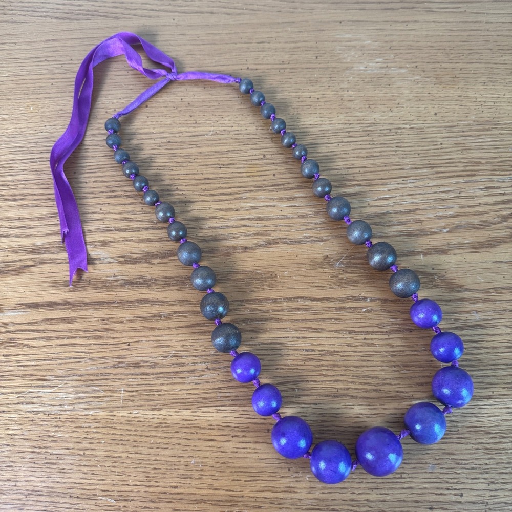 Handmade Purple and Brown Wood Bead Graduated Statement Necklace Ribbon Tie‎